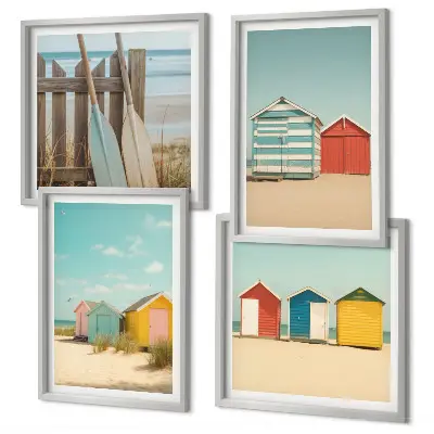 Set posters met lijst kleurrijke huizen aan het strand met zon