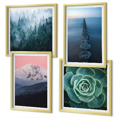Set posters met lijst met bergen, roze lucht, water en vetplanten