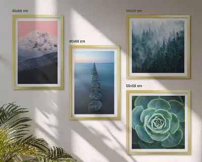 Set posters met lijst met bergen, roze lucht, water en vetplanten