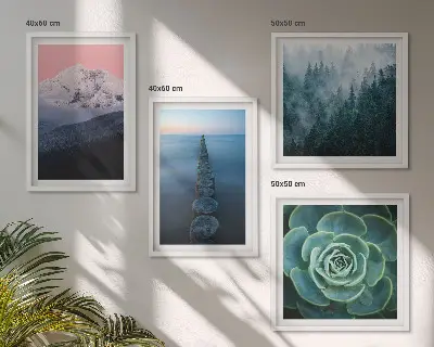 Set posters met lijst met bergen, roze lucht, water en vetplanten