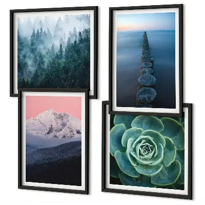 Set posters met lijst met bergen, roze lucht, water en vetplanten