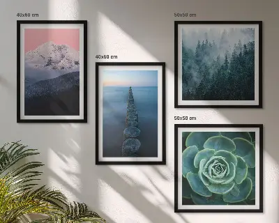 Set posters met lijst met bergen, roze lucht, water en vetplanten