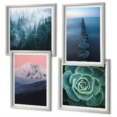 Set posters met lijst met bergen, roze lucht, water en vetplanten