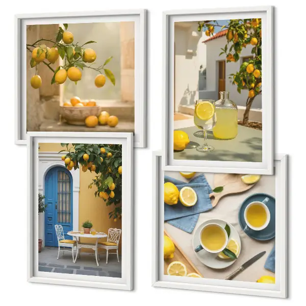 Set van posters met lijst citroenen met limonade en blauwe deur