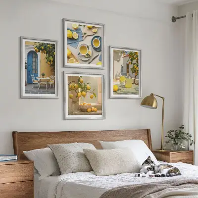 Set van posters met lijst citroenen met limonade en blauwe deur