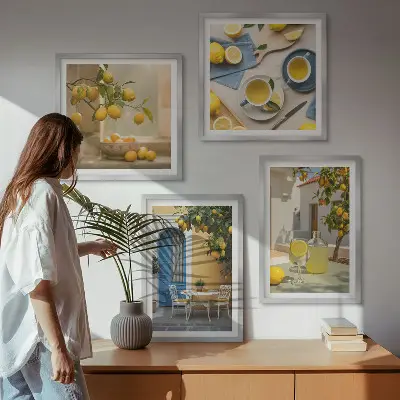 Set van posters met lijst citroenen met limonade en blauwe deur