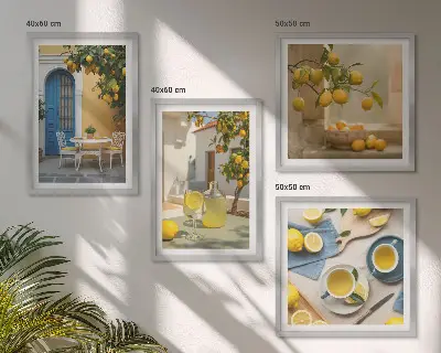Set van posters met lijst citroenen met limonade en blauwe deur