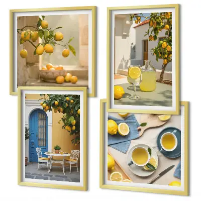 Set van posters met lijst citroenen met limonade en blauwe deur
