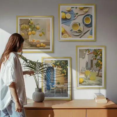 Set van posters met lijst citroenen met limonade en blauwe deur
