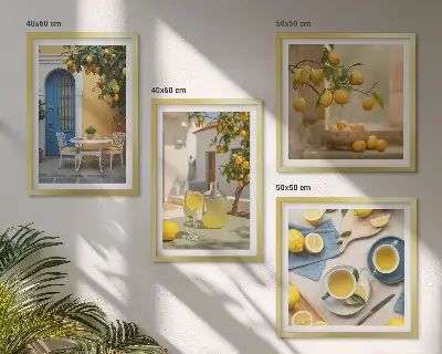 Set van posters met lijst citroenen met limonade en blauwe deur