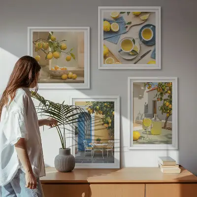 Set van posters met lijst citroenen met limonade en blauwe deur