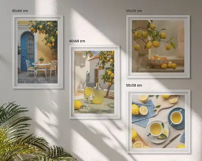 Set van posters met lijst citroenen met limonade en blauwe deur