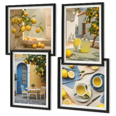 Set van posters met lijst citroenen met limonade en blauwe deur
