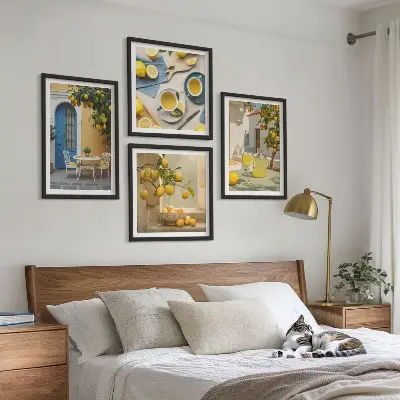 Set van posters met lijst citroenen met limonade en blauwe deur
