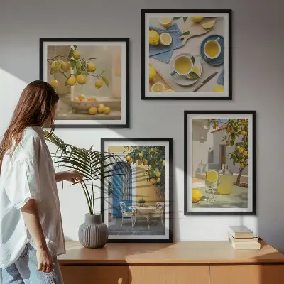 Set van posters met lijst citroenen met limonade en blauwe deur