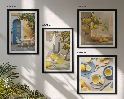 Set van posters met lijst citroenen met limonade en blauwe deur