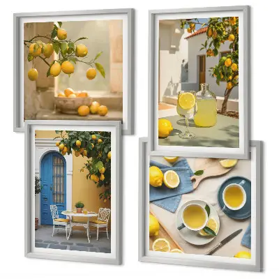 Set van posters met lijst citroenen met limonade en blauwe deur