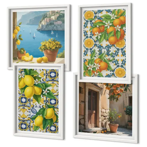 Set van posters met lijst met een afbeelding van citroenen, bloemen en sinaasappels in Italië