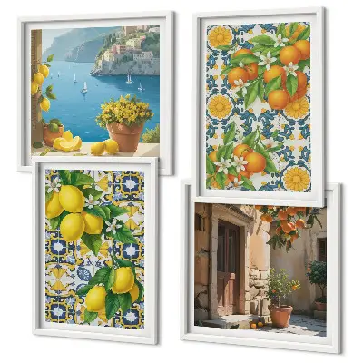 Set van posters met lijst met een afbeelding van citroenen, bloemen en sinaasappels in Italië