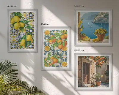 Set van posters met lijst met een afbeelding van citroenen, bloemen en sinaasappels in Italië
