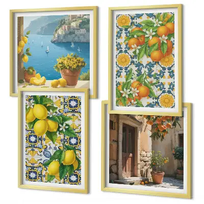 Set van posters met lijst met een afbeelding van citroenen, bloemen en sinaasappels in Italië