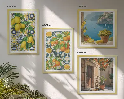 Set van posters met lijst met een afbeelding van citroenen, bloemen en sinaasappels in Italië
