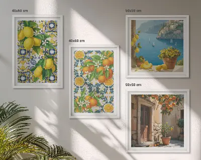 Set van posters met lijst met een afbeelding van citroenen, bloemen en sinaasappels in Italië
