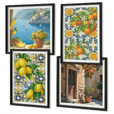 Set van posters met lijst met een afbeelding van citroenen, bloemen en sinaasappels in Italië