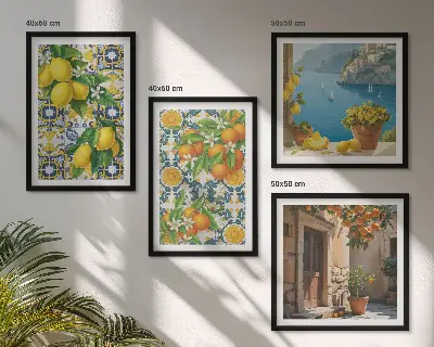 Set van posters met lijst met een afbeelding van citroenen, bloemen en sinaasappels in Italië