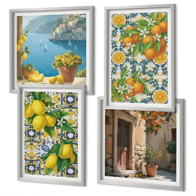 Set van posters met lijst met een afbeelding van citroenen, bloemen en sinaasappels in Italië