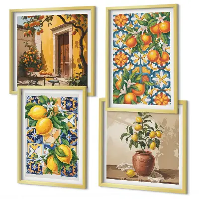 Citroen-oranje bloemenpatronen meerluik in lijst