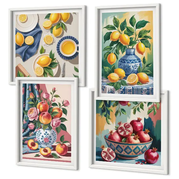 Bloemen en fruit in vazen meerluik in lijst