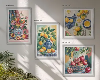 Bloemen en fruit in vazen meerluik in lijst