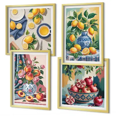 Bloemen en fruit in vazen meerluik in lijst
