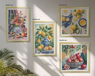 Bloemen en fruit in vazen meerluik in lijst