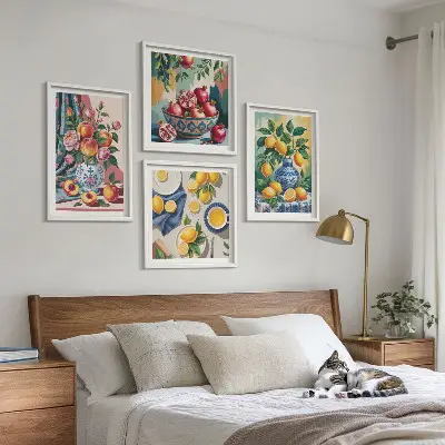 Bloemen en fruit in vazen meerluik in lijst