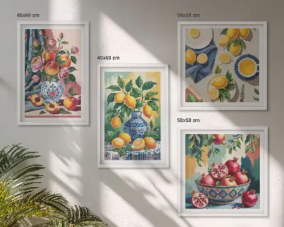 Bloemen en fruit in vazen meerluik in lijst