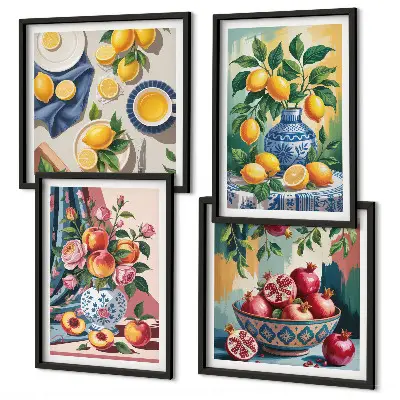 Bloemen en fruit in vazen meerluik in lijst