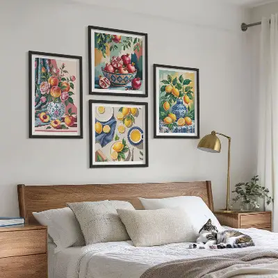 Bloemen en fruit in vazen meerluik in lijst