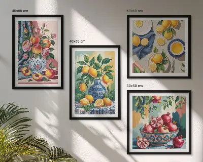 Bloemen en fruit in vazen meerluik in lijst
