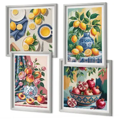 Bloemen en fruit in vazen meerluik in lijst