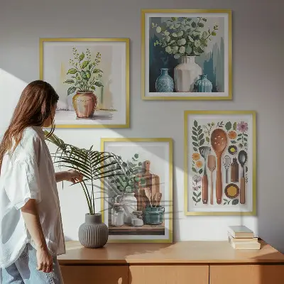 Set posters met lijst voor keuken met plantaardige keukenillustraties