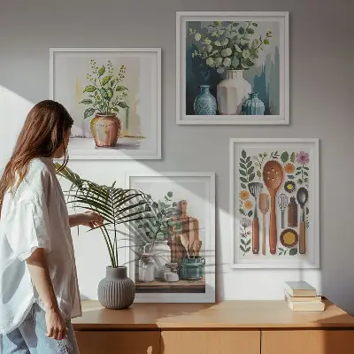 Set posters met lijst voor keuken met plantaardige keukenillustraties