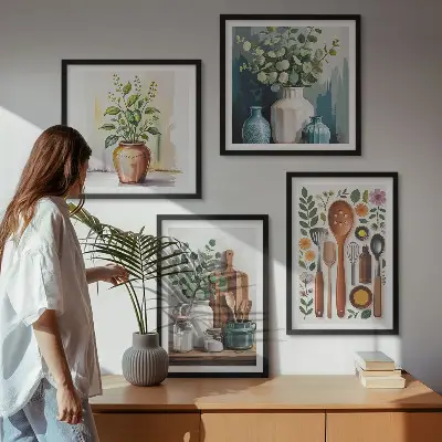 Set posters met lijst voor keuken met plantaardige keukenillustraties
