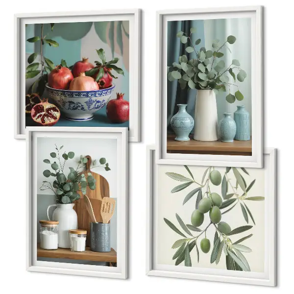 Poster set met lijst groene eucalyptus olijf takken