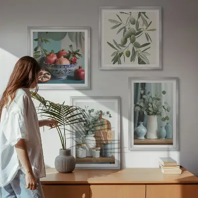 Poster set met lijst groene eucalyptus olijf takken