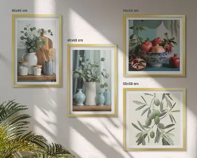 Poster set met lijst groene eucalyptus olijf takken