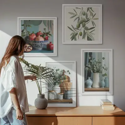Poster set met lijst groene eucalyptus olijf takken