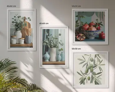 Poster set met lijst groene eucalyptus olijf takken