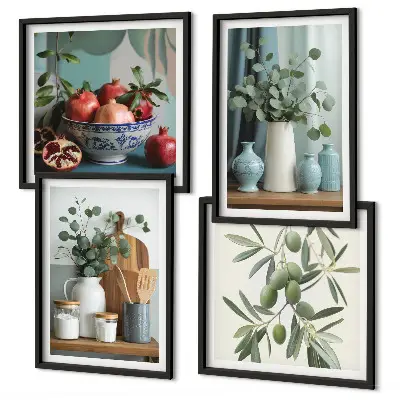 Poster set met lijst groene eucalyptus olijf takken